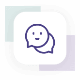An icon featuring two overlapping speech bubbles, one with a smiling face. The background includes teal and purple squares, perfectly capturing the approachable demeanor of a Chicago divorce lawyer.