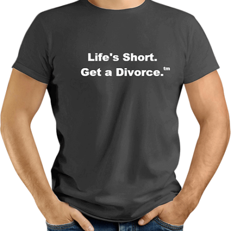 A person wearing a dark gray Life’s Short T-shirt (M) with the text "Life's Short. Get a Divorce.™" stands with hands in pockets, subtly echoing the straightforward advice often given by Tinley Park family law attorneys.