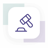 Icon of a judge's gavel striking a sound block, with teal and purple squares in the background, reminiscent of a Chicago divorce lawyer's professional emblem.