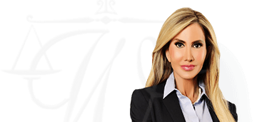 A woman in professional attire stands in front of a graphic featuring scales of justice, reflecting her expertise as a Chicago divorce attorney.