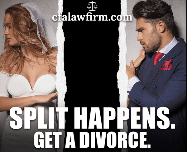 A woman in a wedding dress and a man in a suit facing away from each other with a torn black space between them. Text: "cfalawfirm.com. Split Happens. Get a Divorce with Chicago divorce lawyers.